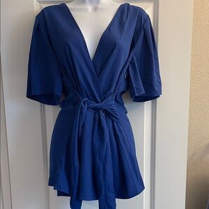 Ann Taylor Blue Short Sleeve Wrap Blouse